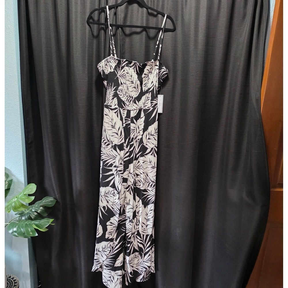 NWT Premier Amour Womens Tropical Leaf Print Smocked Jumpsuit Black & White SZ12